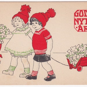 アーティストのサイン入り HT - 新年おめでとうの願い - 素敵なスウェーデンの挨拶のポストカード 1915 - 冬の子供たち ヘレボルスの花のギフトカート - ヴィンテージのエフェメラ
