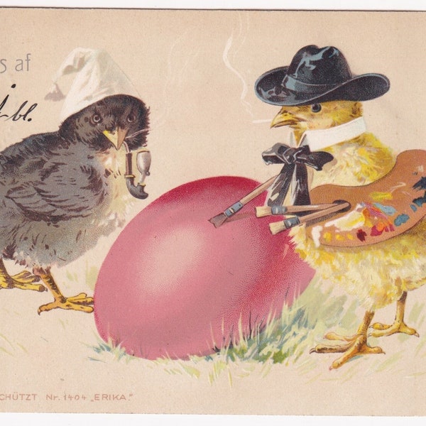 Happy Easter - Amazing funny antique Easter swedish postcard 1903 - Humanized chick egg painter pipe smoker - vintage anthropomorphism