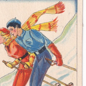Yvonne Jerring - God Jul / Buon Natale anni '30 - Piccola e deliziosa cartolina antica svedese con eleganti amanti dello sci e degli sport invernali - cartolina vintage