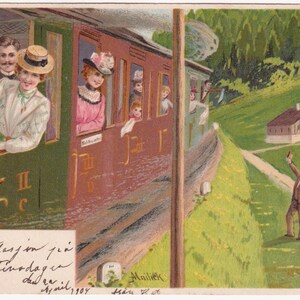 Mailick / Train de campagne - Belle carte postale d'artiste ancienne de 1905 - Mode élégante pour homme et femme Belle Epoque - Carte vintage voyage nature