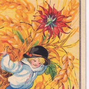Adina Sand - Voeux de Noël et du Nouvel An des années 1935 - Jolie petite carte postale suédoise ancienne art déco - Enfant scandinave blé paille fleurs vintage
