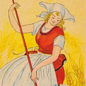 Adina Sand - Joyeuse Pentecôte 1935/40 - Belle carte postale vintage suédoise de voeux - agricultrice champ fleurs blé - mode / Dieu Pingst