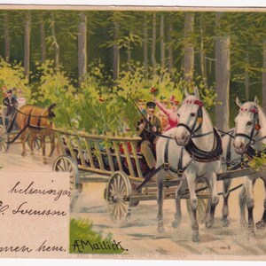 Mailick / Convoi de plantes fleuries - Belle carte postale d'artiste ancienne de 1905 - Route de campagne de camion d'attelage de chevaux - Carte vintage d'horticulture