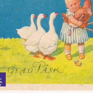 Jenny Nyström - Påsk / Joyeuses Pâques 1935 - Belle petite carte postale suédoise ancienne - Petite fille, poule, oeuf d'oie - Carte vintage scandinave