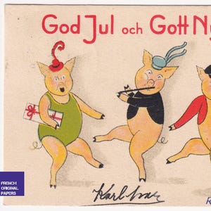 Rosa Olson - Voeux de Noël et du Nouvel An 1945 - Petite carte postale de voeux suédoise - Porc humanisé d'orchestre de musique de porc - mode vintage