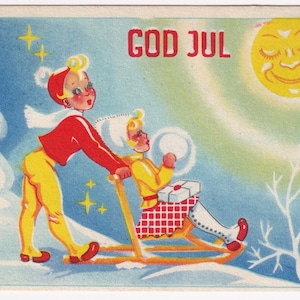 Buon Natale degli anni '30 - Bella vecchia piccola cartolina vintage svedese - Ragazza invernale per bambini che cammina con lo slittino - regalo Enfantina moda neve sole