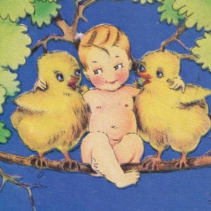 Allis - Glad Påsk / Joyeuses Pâques des années 1930 - Belle vieille carte postale de voeux suédoise - Bébé et poussins câlins sur un arbre - scène d'amour - éphémères vintage