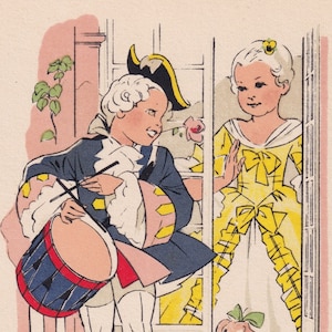 O jovem menino de tambor flertar - Lindo cartão postal antigo vintage da França - Amor crianças Amantes elegantes rosa presente música Menina Enfantina - Moda