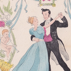 Love Valentine carte postale des années 1920 - Belle carte postale ancienne au pochoir suédois - amoureux valse danse danseuse chérubin fleurs mode scandinave - vintage