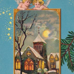 Felices fiestas navideñas / Misa de medianoche en la iglesia de invierno - Preciosa postal vintage en relieve de Suecia 1910 - Oración al santo ángel - Tarjeta de felicitación de nieve