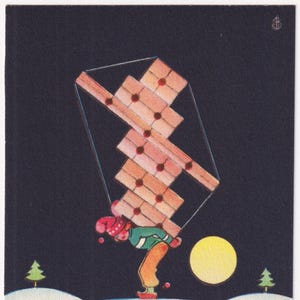 Artista firmado - Deseos de Navidad y Año Nuevo de la década de 1935 - Preciosa postal antigua pequeña de Suecia - Paquetes de regalo con capucha de Papá Noel, gnomo, duende de invierno