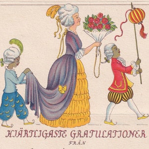 Künstler Unsigniert -Glückwunsch 1926 -Schöner schwedischer Gruß 2-fach System Karte - Elegante Frau & Diener Parade - Kleid Vintage Mode