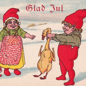 Max Hänel - Incredibile e divertente cartolina di Buon Natale vintage / Svezia 1910 - Gnomo oca neve Tomte Nisse folletto troll - inverno scandinavo
