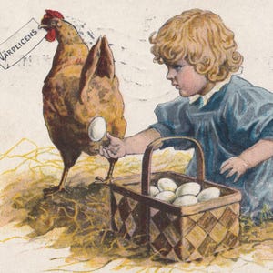 Jenny Nyström - Glad Påsk / Joyeuses Pâques 1919 - Belle carte postale suédoise ancienne - panier à oeufs pour bébé poulailler fille poule - vintage scandinave