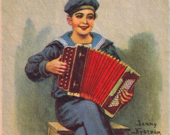 Jenny Nyström / Anna Congratulations - Lovely Vintage postcard from Sweden 1928 - Accordion player music Sailor -scandinavian Marine fashion