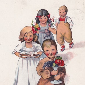 Félicitations 1914 - Belle vieille carte postale vintage suédoise - Enfants plats sucrés heure du thé - artiste Art déco scandinave John Söderström