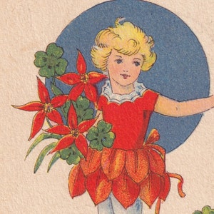 Margit Broberg - Auguri di buon anno 1935 - bella piccola cartolina di auguri svedese - Ragazza Red Flower vestito Stella di Natale scandinavo vintage