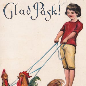 Ödberg - Joyeuses Pâques / Salutations 1917 - Belle carte postale suédoise de voeux ancienne - Carte de transport d'oeufs d'attelage de coq d'enfant - Carte scandinave