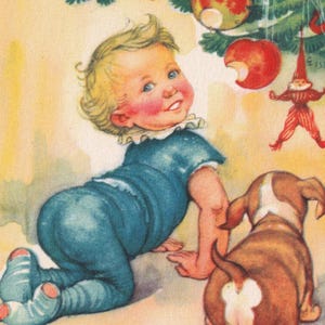 Artelius - Deseos de Navidad y Año Nuevo 1945 - Hermosa postal antigua de felicitación - Árbol decorado con una perrita pequeña - Regalo vintage escandinavo