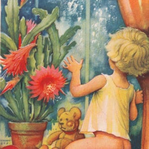 Artelius - Deseos de Navidad y Año Nuevo 1945 - Hermosa postal antigua de felicitación - Niña en la ventana con nieve invernal - Regalo vintage escandinavo