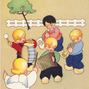 Herzlichen Glückwunsch 1940 - Schöner schwedischer Gruß alte Postkarte - Kinder & heiliger Engel - Jazz musik Blasorchester - vintage Enfantina