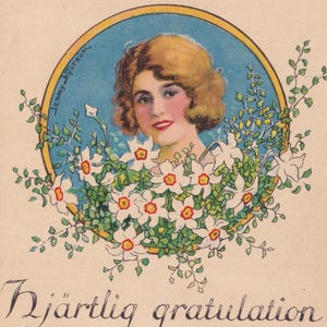 Jenny Nyström / Félicitations Années 30 - Belle vieille carte postale de voeux suédoise - Cadeau portrait de femme fleur hellébore - Mode vintage