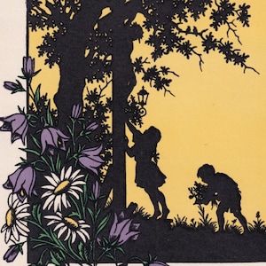 Cueillette de fleurs / Enfants de la campagne - Rare Litho ancienne carte postale vintage années 1930 - Artiste signé - Art Déco silhouette fashion shadow ephemera