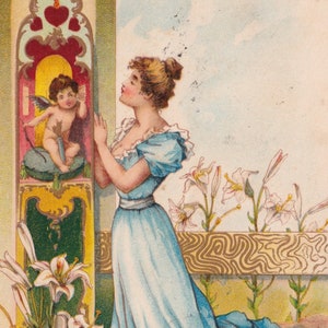 Confiance d'amour - Jolie carte postale vintage Pays-Bas 1901 - Femme ange chérubin scène sainte cupidon- Art Nouveau mode fleurs Arthur Thiele