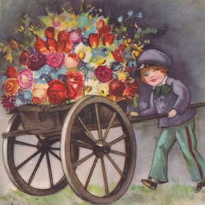 Alles Gute zum Namenstag wünscht / Hannes Petersen - Vintage Postkarte 1932 - Blumenkarre Geschenk - Vintage Postkarte - Landschaft - fashion Enfantina