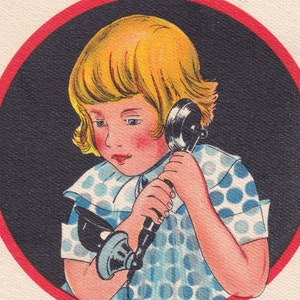 Sigrid Nyqvist Tunell / Auguri di buon anno 1930 - Piccola cartolina di auguri svedese - Bambina alla moda del telefono - scandinavo vintage