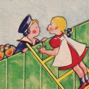 Astrid - Buona Pasqua 1939 - Bella vecchia cartolina di auguri svedese - piccoli amanti del muro, i bambini baciano la ragazza dell'amore - vintage scandinavo