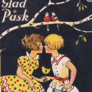 Glad Påsk / Joyeuses Pâques 1933 - petite carte postale ancienne de voeux suédoise Margit Broberg Ekstam - Spring Kiss girl fashion - éphémères vintage