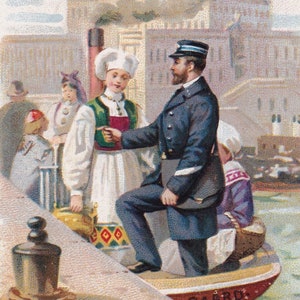 Postagem na Suécia - Cartão didático vitoriano francês autêntico 1900 - Carteiro barco de Estocolmo selo escandinavo - coisas efêmeras Cromo vintage