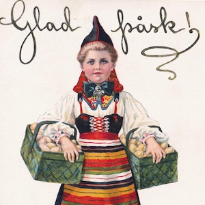Jenny Nyström / Joyeuses Pâques 1915/20 - Belle carte postale ancienne Suède - Cadeau panier oeuf fille enfant scandinave - Mode vintage Signé par l'artiste