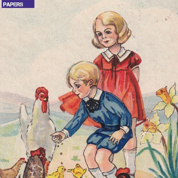 Yvonne Jerring - Glad Påsk / Happy Easter 1935 Lovely old swedish greeting postcard - girl chicken hen rooster chick seeds - vintage fashion