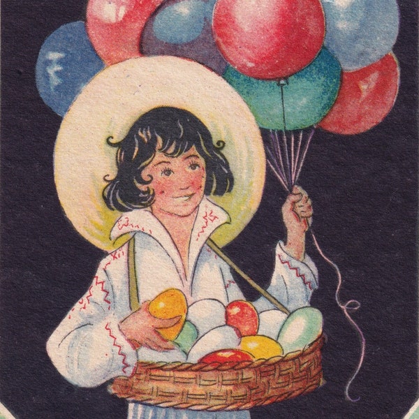 Adina Sand - God Påsk / Happy Easter 1932 - Lovely old small swedish greeting postcard art deco -Little girl egg & balloon - vintage fashion