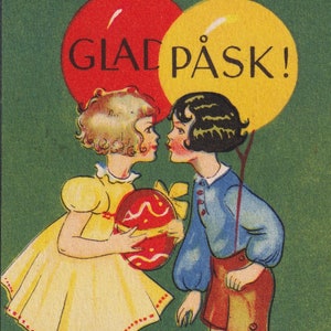 Glad Påsk / Buona Pasqua 1938 - Bella vecchia piccola cartolina di auguri svedese Margit Ekstam - Moda per abito da bacio da bambina - effimera vintage