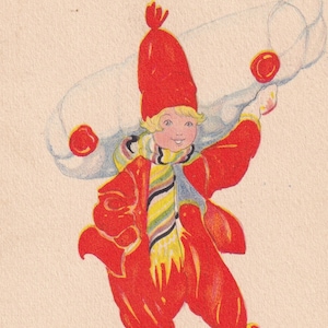 Aina Stenberg - Buon Natale 1927 - Bella piccola vecchia cartolina vintage svedese - Leprechaun ragazza con un enorme pacchetto regalo - moda rossa