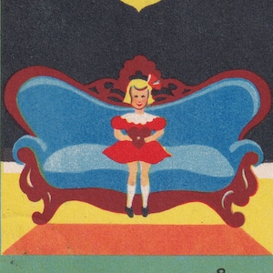 Bonne année 1935 - Joli petit illustrateur suédois de cartes postales de vœux - Fille sur un canapé Horloge de minuit - mode vintage scandinave