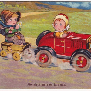 面白い子供のシーン - 1930 年代のフランスの素敵なヴィンテージの古いポストカード - カート オートヒッチ 子供 女の子用 馬車 おもちゃ アンファンティーナ - ファッション
