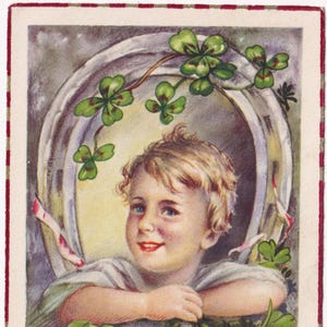 Artista não assinado - Desejos de Natal e Ano Novo 1940 - Cartão postal vintage da Suécia - Retrato de criança trevo ferradura - efêmera escandinava