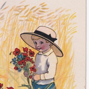 Felice estate / Raccolta di fiori - Bella cartolina d'epoca dalla Svezia anni '20 - Axel Mattiasen - Bambino ragazzo campo campagna moda papavero