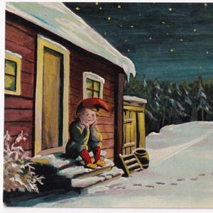 Preciosa postal vintage - Deseos de Feliz Año Nuevo 1915 Lydia Svenström - Artista sueca Duende Paisaje invernal Casa nevada Gnomo de medianoche