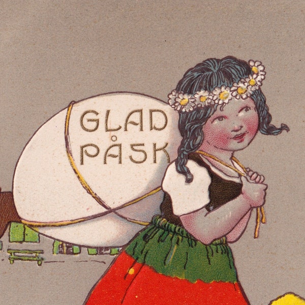 Joyeuses Pâques 1907 - Rare carte postale de vœux en relief suédoise - Petite fille œuf géant et poussin fleurs scandinaves vintage - mode Glad Påsk