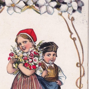 Ödberg - Félicitations / Salutations 1915 - Belle carte postale ancienne de voeux suédois - Cadeau pour enfants et chien fleurs hellébore - carte scandinave