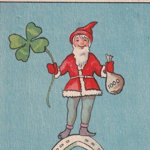 Saga Walli - Desejos de feliz ano novo - Adorável pequeno cartão postal antigo da Suécia 1927 - Gnomo duende - Ferradura e trevo de quatro folhas