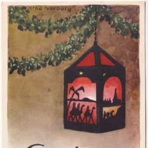 Belle carte postale de voeux suédoise vintage des années 40 - Joyeux Noël / Käthe Norborg - Décoration de lanterne Nativité de Bethléem - Carte de scène sainte