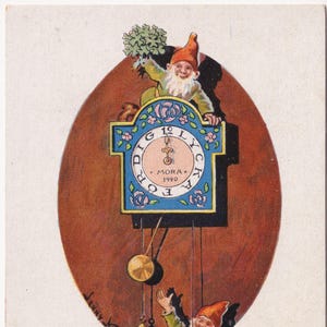 Desejos de Feliz Ano Novo - Lindo cartão postal vintage da Suécia - Jenny Nyström 1915/20 - Relógio da meia-noite do Papai Noel Gnomo Tomte - duende
