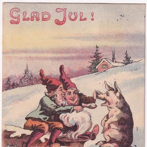 Max Hänel non signé - Belle carte postale de Noël vintage / Suède 1905 - Gnome bouillie cochon des neiges Tomte Nisse leprechaun - hiver scandinave