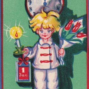 Astrid Österling - Feliz Ano Novo 1940 - Adorável pequeno cartão postal de saudação sueco art déco - Vela de tulipa de calendário feminino - moda vintage